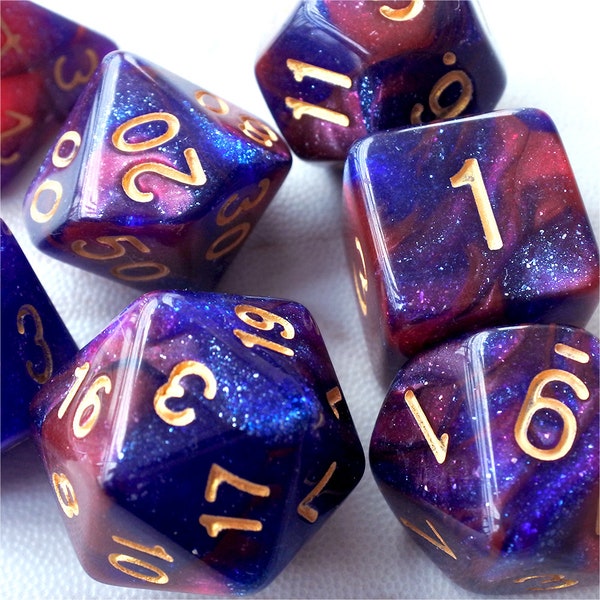 DnD Dice Set,  Polyhedral dice, rose mix dark blue galaxy D&D dice, Dungeons and Dragons,  Micro Shimmer Marbled Glitter N/gold (TDG10)
