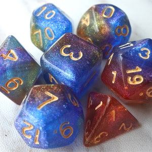 DnD Dice Set, Polyhedral dice, Galaxy D&D dice, Dungeons and Dragons, blue and green orange Micro Shimmer Glitter dnd dice N/gold (TDG20)