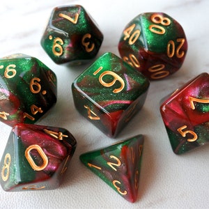 DnD Dice Set,  Polyhedral dice, red and green mix  galaxy D&D dice, Dungeons and Dragons,  Micro Shimmer Marbled Glitter N/gold (TDG19)