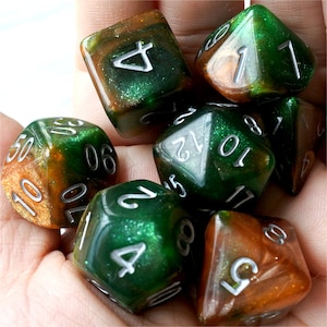 DnD Dice Set,  Polyhedral dice, green mix orange galaxy D&D dice, Dungeons and Dragons, Micro Shimmer Marbled Glitter N/white (TDG09)