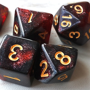 DnD Dice Set,  Polyhedral dice, Dark Ruby Galaxy D&D dice, Dungeons and Dragons,  red and black Micro Shimmer Marbled Glitter N/gold (TDG01)