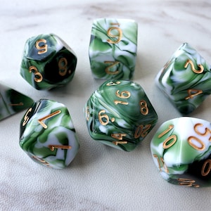 DnD Dice Set / green and  white Swirled color Marbled  Polyhedral dice  D&D dice, Dungeons and Dragons, RPG Dice Role Roll N/white (DM27)