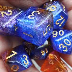 DnD Dice Set, Polyhedral dice, Galaxy D&D dice, Dungeons and Dragons, blue and orange Micro Shimmer Glitter dnd dice N/gold (TDG23)
