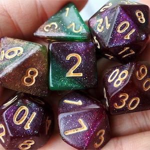 DnD Dice Set, Polyhedral dice, Galaxy D&D dice, Dungeons and Dragons, purple and green yellow  Micro Shimmer Glitter dnd dice N/gold (TDG25)