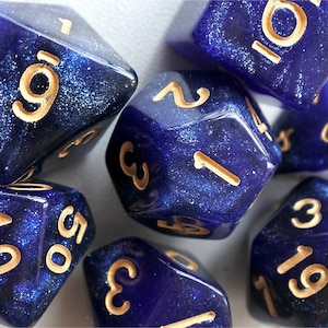DnD Dice Set,  Polyhedral dice, Dark blue galaxy D&D dice, Dungeons and Dragons, blue and black Micro Shimmer Marbled Glitter N/gold (TDG03)