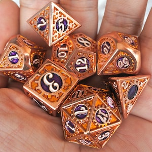 Metal DND Dice Set,Dragon And Dungeon,  copper edge puple gear Polyhedral Metal Dice Set, D20 D10 D8 D6 D4 RPG Dice Set d&d dice set (MT65)