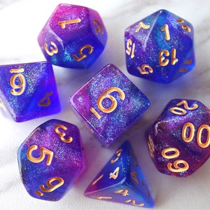 DnD Dice Set,  Polyhedral dice, light purple and blue   galaxy D&D dice, Dungeons and Dragons,  Micro Shimmer Marbled Glitter N/gold (TDG16)