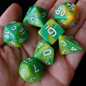 DnD Dice Set / yellow green  mix color Polyhedral dice / D&D dice, Dungeons and Dragons, RPG Dice Critical Role Roll N/white (DM08)