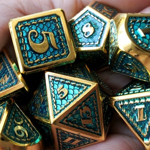Metal DND Dice Set,Dragon And Dungeons, Golden and  blue Dragon scale Polyhedral Dice Set, D20 D10 D8 D6 D4  Dice Set d&d dice set (MT50)