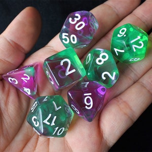 DnD Dice Set / purple green  color Translucent Polyhedral dice / D&D dice, Dungeons and Dragons, RPG Dice Critical Role Roll N/white (DT08)