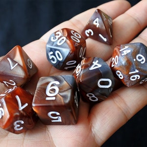DnD Dice Set / bronw gray  orange mix color Polyhedral dice / D&D dice, Dungeons and Dragons, RPG Dice Critical Role Roll N/white (DM07)