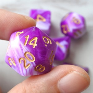 DnD Dice Set /purple and  white Swirled color Marbled  Polyhedral dice  D&D dice, Dungeons and Dragons, RPG Dice Role Roll N/white (DM30)