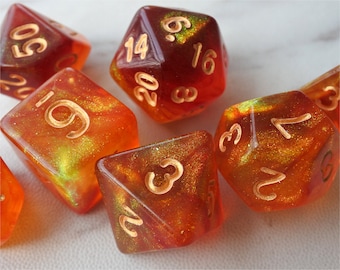 DnD Dice Set,  Polyhedral dice, red and orange mix  galaxy D&D dice, Dungeons and Dragons,  Micro Shimmer Marbled Glitter N/gold (TDG18)