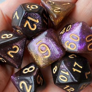 DnD Dice Set, Polyhedral dice, Galaxy D&D dice, Dungeons and Dragons, black and purple yellow Micro Shimmer Glitter dnd dice N/gold (TDG27)
