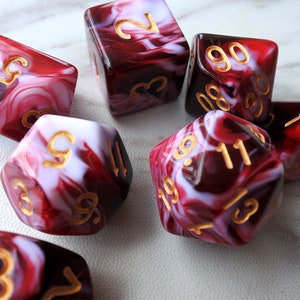 DnD Dice Set /blood red and  white Swirled color Marbled  Polyhedral dice  D&D dice, Dungeons and Dragons, RPG Dice Role Roll N/white (DM28)