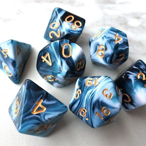 DnD Dice Set /blue and  white Swirled color Marbled  Polyhedral dice  D&D dice, Dungeons and Dragons, RPG Dice Role Roll N/white (DM29)