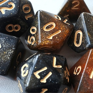 DnD Dice Set,  Polyhedral dice, orange galaxy D&D dice, Dungeons and Dragons, orange and black Micro Shimmer Marbled Glitter N/gold (TDG04)