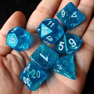 DnD Dice Set / transparent sky blue Glitter Polyhedral dice / D&D dice, Dungeons and Dragons, RPG Dice Critical Role Roll N/white (DG08)