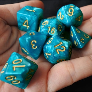 DnD Dice Set / Blue Teal Semi Pearl Marble Swirl Polyhedral dice / D&D dice, Dungeons and Dragons, RPG Dice Critical Role Roll N/gold (DP02)