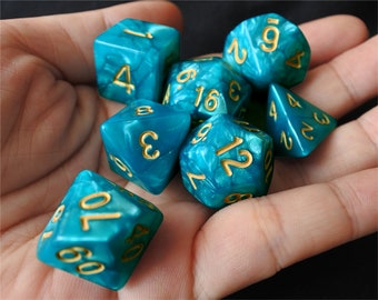DnD Dice Set / Blue Teal Semi Pearl Marble Swirl Polyhedral dice / D&D dice, Dungeons and Dragons, RPG Dice Critical Role Roll N/gold (DP02)