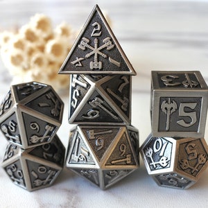 Metal DND Dice Set,Dragon And Dungeon, Ancient silver Axe Pattern Polyhedral Metal Dice Set, D20 D10 D8 D6 D4 Dice Set d&d dice set (MT42)
