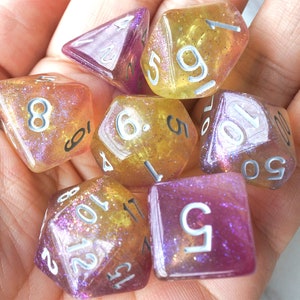 DnD Dice Set, Polyhedral dice, Galaxy D&D dice, Dungeons and Dragons,light purple and yellow Micro Shimmer Glitter dnd dice N/gold (TDG28)