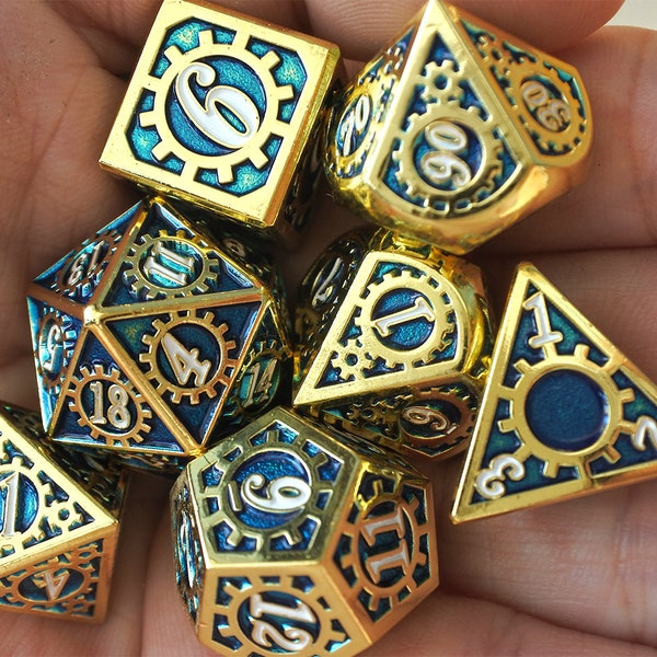 Metal DND Dice Set, Dragon And Dungeon, Golden edge blue gear Polyhedral Metal Dice Set, D20 D10 D8 D6 D4 RPG Dice Set d&d dadi set (MT51)