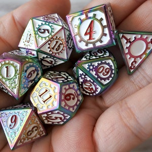 Metal DND Dice Set,Dragon And Dungeon,  Rainbow white gear Polyhedral Metal Dice Set, D20 D10 D8 D6 D4 RPG Dice Set d&d dice set (MT56)