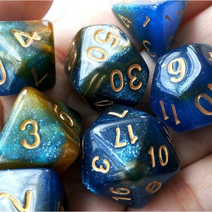 DnD Dice Set,  Polyhedral dice, orange mix blue galaxy D&D dice, Dungeons and Dragons,  Micro Shimmer Marbled Glitter N/gold (TDG13)