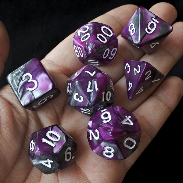 DnD Dice Set / purple black  purple mix color Polyhedral dice / D&D dice, Dungeons and Dragons, RPG Dice Critical Role Roll N/white (DM06)