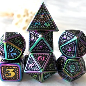 Metal DND Dice Set,Dragon And Dungeons, Rainbow black Dragon scale Polyhedral Dice Set, D20 D10 D8 D6 D4 RPG Dice Set  d&d dice set (MT45)
