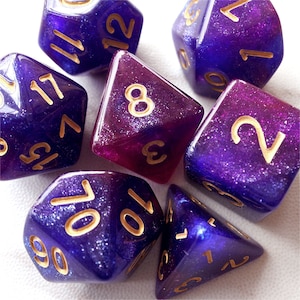 DnD Dice Set,  Polyhedral dice, purple mix dark blue galaxy D&D dice, Dungeons and Dragons,  Micro Shimmer Marbled Glitter N/gold (TDG12)
