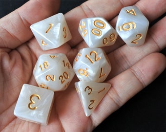 DnD Dice Set / white Jade  Pearl Marble Swirl Polyhedral dice / D&D dice, Dungeons and Dragons, RPG Dice Critical Role Roll N/gold (DP09)