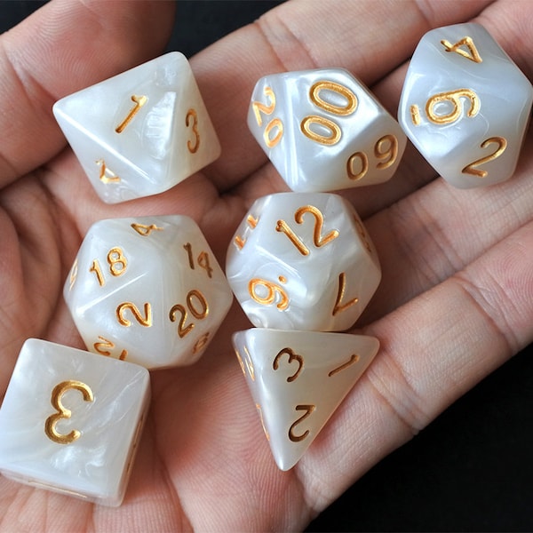 DnD Dice Set / white Jade  Pearl Marble Swirl Polyhedral dice / D&D dice, Dungeons and Dragons, RPG Dice Critical Role Roll N/gold (DP09)