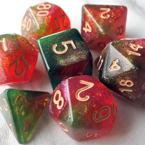 DnD Dice Set, Polyhedral dice, Galaxy D&D dice, Dungeons and Dragons, red and green  Micro Shimmer Glitter dnd dice N/gold Strawberry(TDG26)