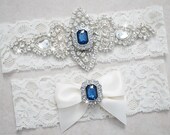 DIANA Style A-Wedding Garter Set, Bridal Garter Set, Something Blue, White Lace Garter