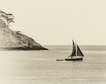 Traditional sailing boat, vintage appearance black and white photo, maritime art, in various sizes, Cornish coast