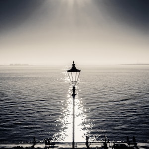 Victorian lamp post, silhouetted against the sea, Southend on Sea - tranquil wall art,  photograph print