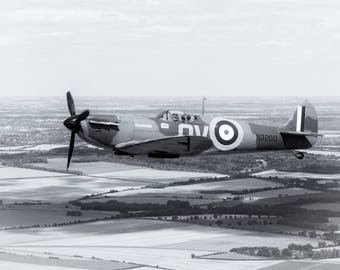 Spitfire photo, black and white Spitfire in flight, WWII fighters, photograph, various sizes