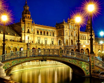 Plaza de Espana, Seville at twilight, fine art photographic print, blue and gold, water and reflections, bridge