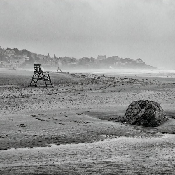 Stormy beach & empty lifeguard chair, Fine Art print, near Bass Rocks, MA, mono, A Bay Not Watched II