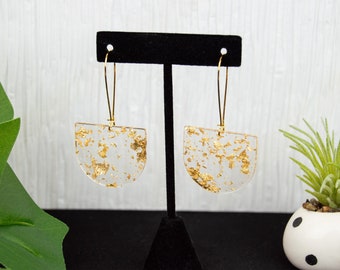 Semiredondo ~ Pendientes de acrílico transparente con pan de oro ~ Pendientes colgantes