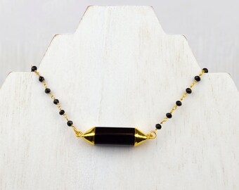 Collar de gargantilla de rosario de ágata negra ancha ~ Cadena de cuentas estilo rosario de espinela negra ~ Calidad de piedra preciosa