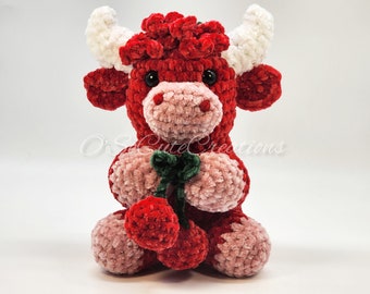 Cherry Highland Cow Plushie, Handmade Crochet Cow, Amigurumi Farm Animal, Cute Stuffed Cow, Fruit Cow Plush, Easter Gift
