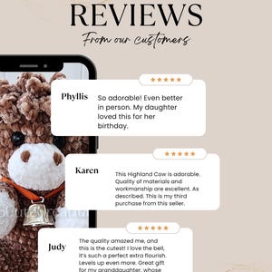 May include: A brown and white plush Highland cow toy with a metallic bell on an orange ribbon, displayed on a smartphone screen alongside three customer review text boxes featuring five-star ratings from Phyllis, Karen, and Judy.