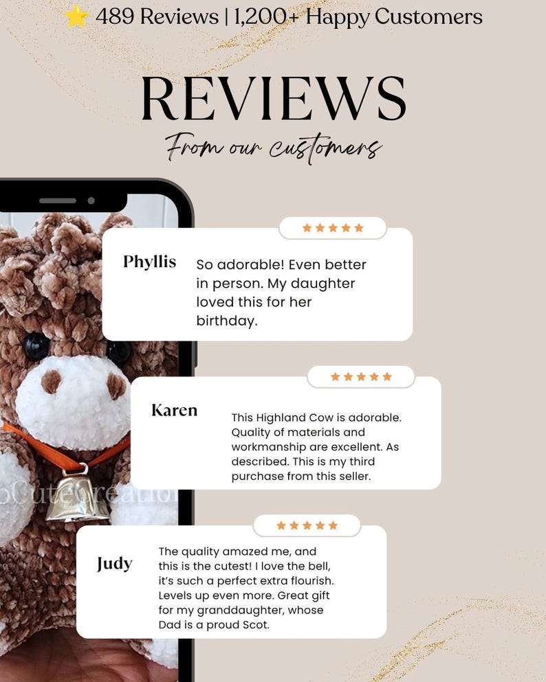 May include: A brown and white plush Highland cow toy with a metallic bell on an orange ribbon, displayed on a smartphone screen alongside three customer review text boxes featuring five-star ratings from Phyllis, Karen, and Judy.