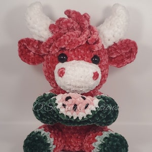 watermelon highland cow, velvet plushie, crochet amigurumi, nursery decor, birthday gift, stuffed farm animal, stocking stuffers, pink plush