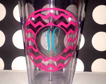 Vinyl Monogrammed Chevron Acrylic Tumbler with Straw