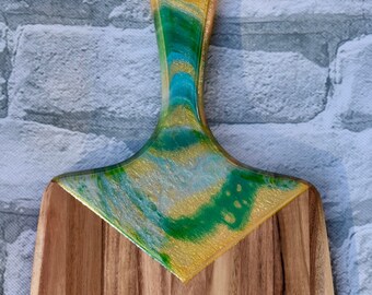 Acacia Wood Serving Board with Art Resin Designed Handle and Base