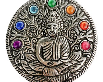 Aluminum Incense Burner (Round) – Buddha with 7 Chakra Stones – Meditation & Altar Decor